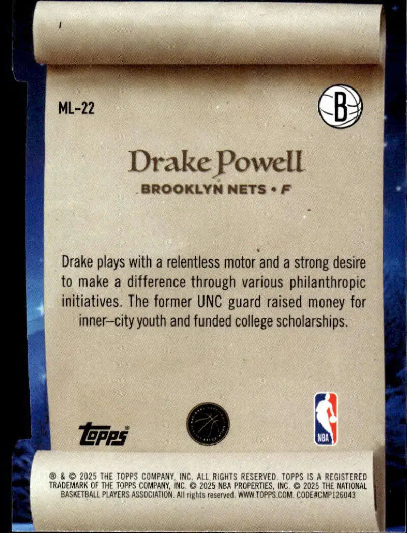 2025-26 Topps Holiday Making the Nice List #ML-22 Drake Powell NM-MT RC ID:79901 - Basketball Card Single
