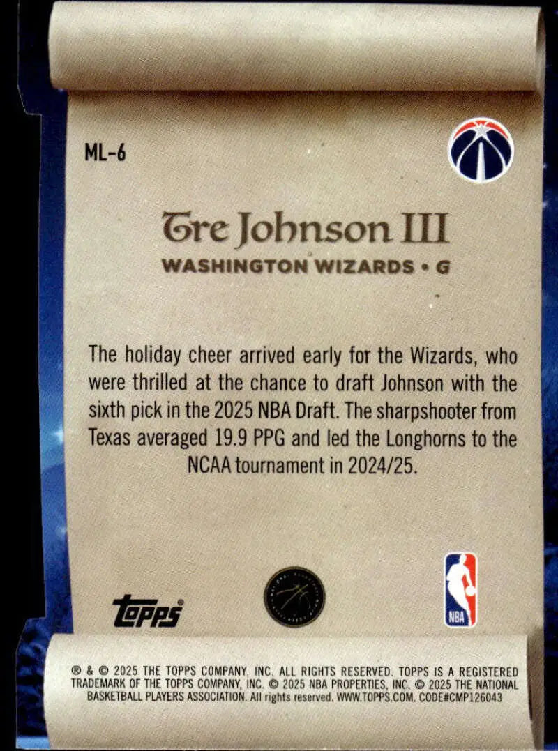 2025-26 Topps Holiday Making the Nice List #ML-6 Tre Johnson III NM-MT ID:80058 - Basketball Card Single
