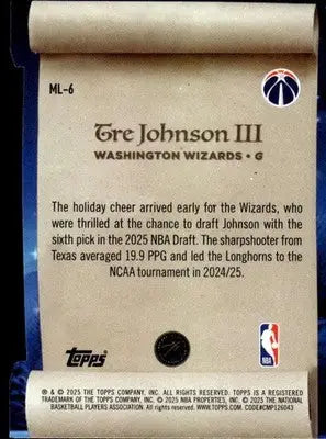2025-26 Topps Holiday Making the Nice List #ML-6 Tre Johnson III NM-MT ID:80058 - Basketball Card Single