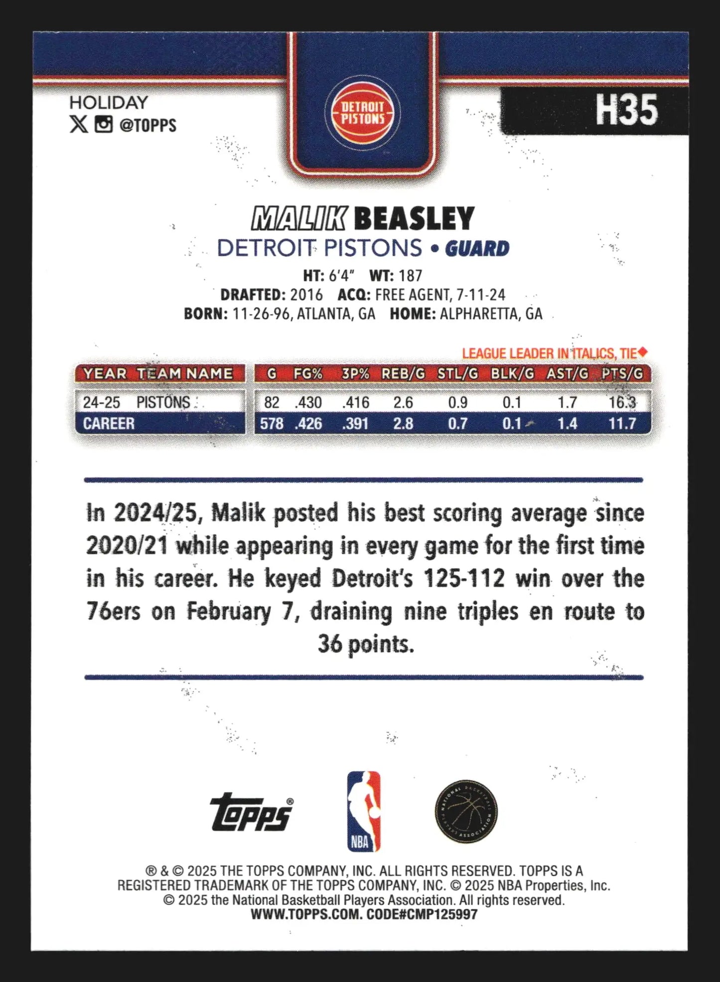 2025-26 Topps Holiday Malik Beasley #H35 Detroit Pistons