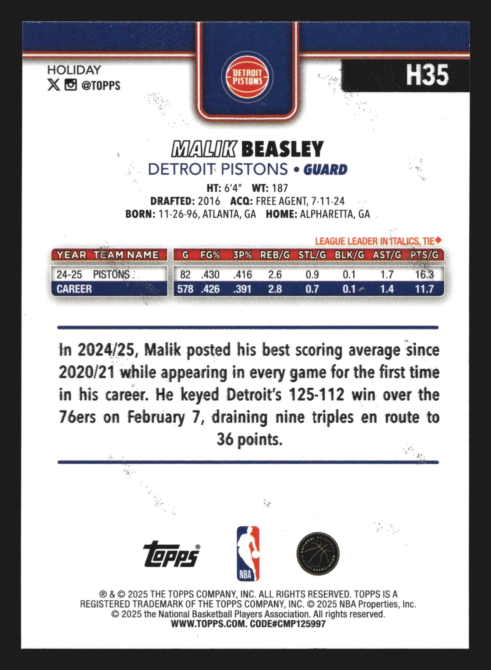 2025-26 Topps Holiday Malik Beasley #H35 Detroit Pistons
