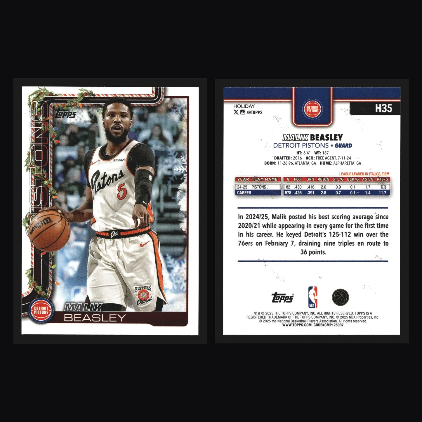 2025-26 Topps Holiday Malik Beasley #H35 Detroit Pistons