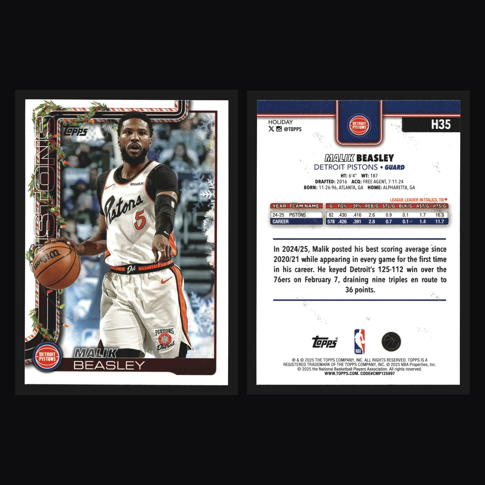 2025-26 Topps Holiday Malik Beasley #H35 Detroit Pistons