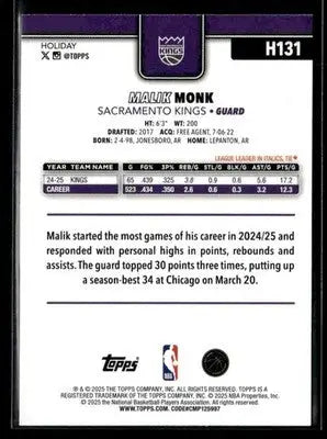 2025-26 Topps Holiday Malik Monk #H131 Glitter Holiday Sacramento Kings - Basketball Card Single