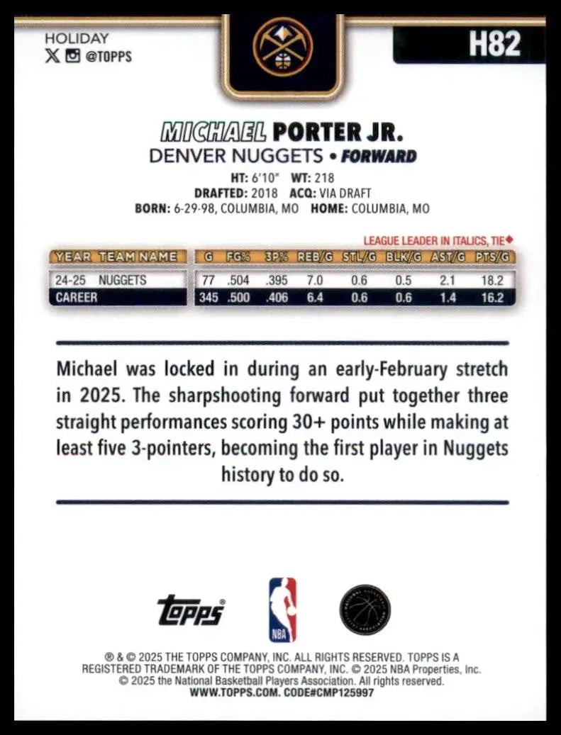 2025-26 Topps Holiday Michael Porter Jr #H82 Denver Nuggets Basketball Card NBA - Basketball Card Single