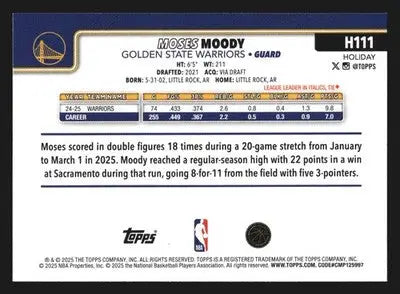 2025-26 Topps Holiday Moses Moody #H111 Golden State Warriors - Basketball Card Single