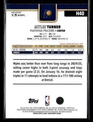 2025-26 Topps Holiday Myles Turner #H40 Glitter Holiday Indiana Pacers - Basketball Card Single
