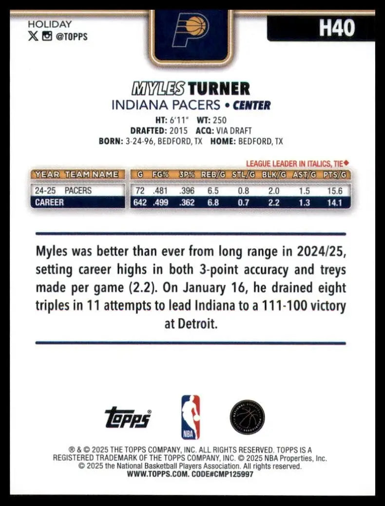 2025-26 Topps Holiday Myles Turner #H40 Indiana Pacers Basketball Card NBA Sport - Basketball Card Single