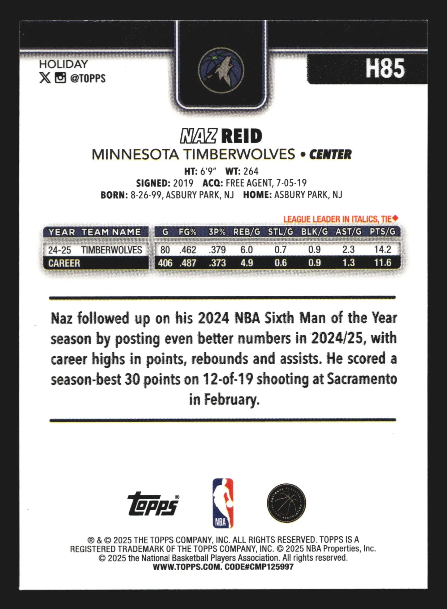 2025-26 Topps Holiday Naz Reid #H85 Minnesota Timberwolves - Basketball Card Single