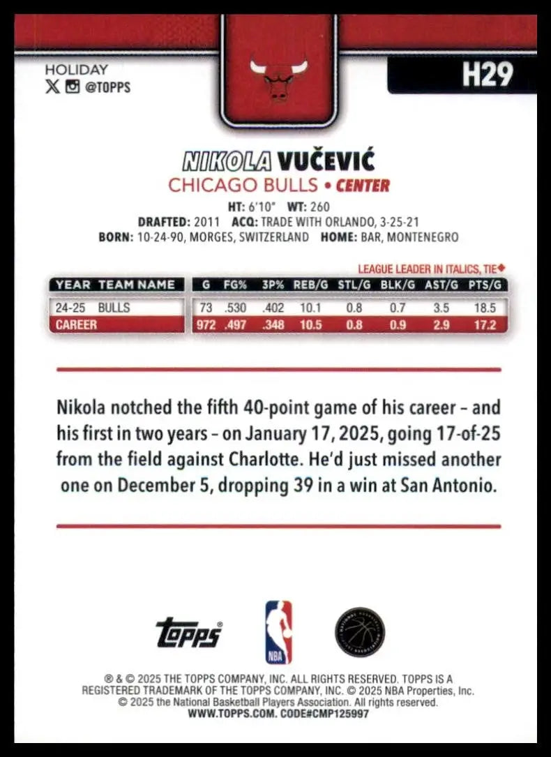 2025-26 Topps Holiday Nikola Vucevic #H29 Chicago Bulls Basketball Card NBA - Basketball Card Single