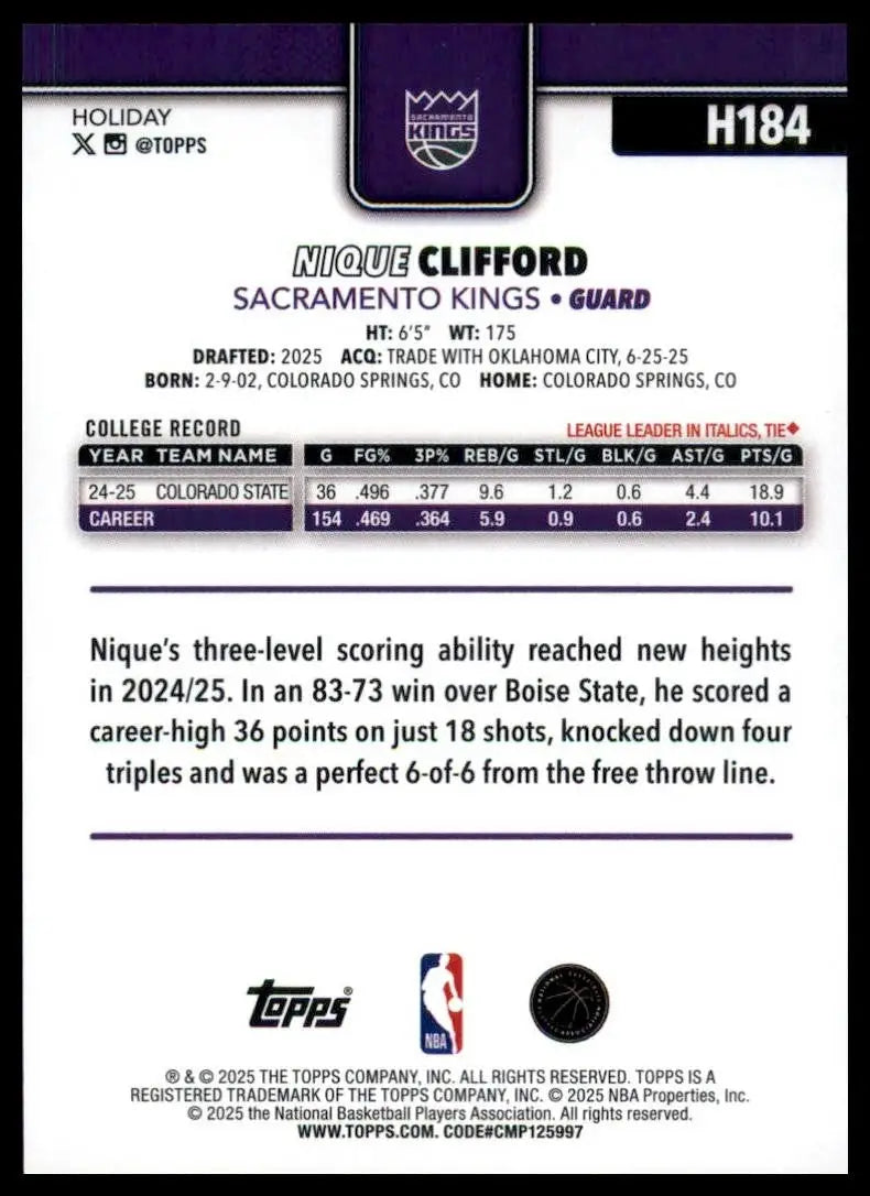 2025-26 Topps Holiday Nique Clifford Rookie #H184 Sacramento Kings Basketball - Basketball Card Single