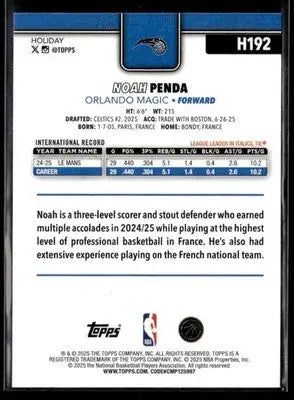 2025-26 Topps Holiday Noah Penda #H192 Glitter Holiday RC Orlando Magic - Basketball Card Single