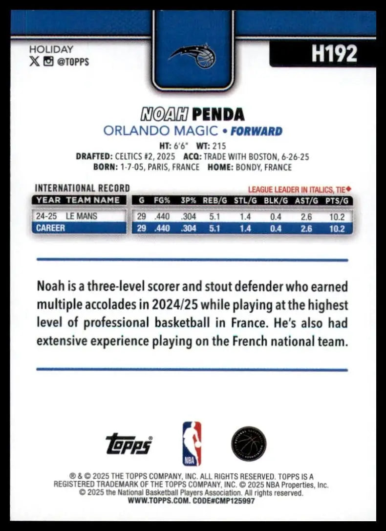 2025-26 Topps Holiday Noah Penda Rookie #H192 Orlando Magic Basketball Card NBA