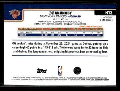 2025-26 Topps Holiday OG Anunoby #H13 Base New York Knicks - Basketball Card Single