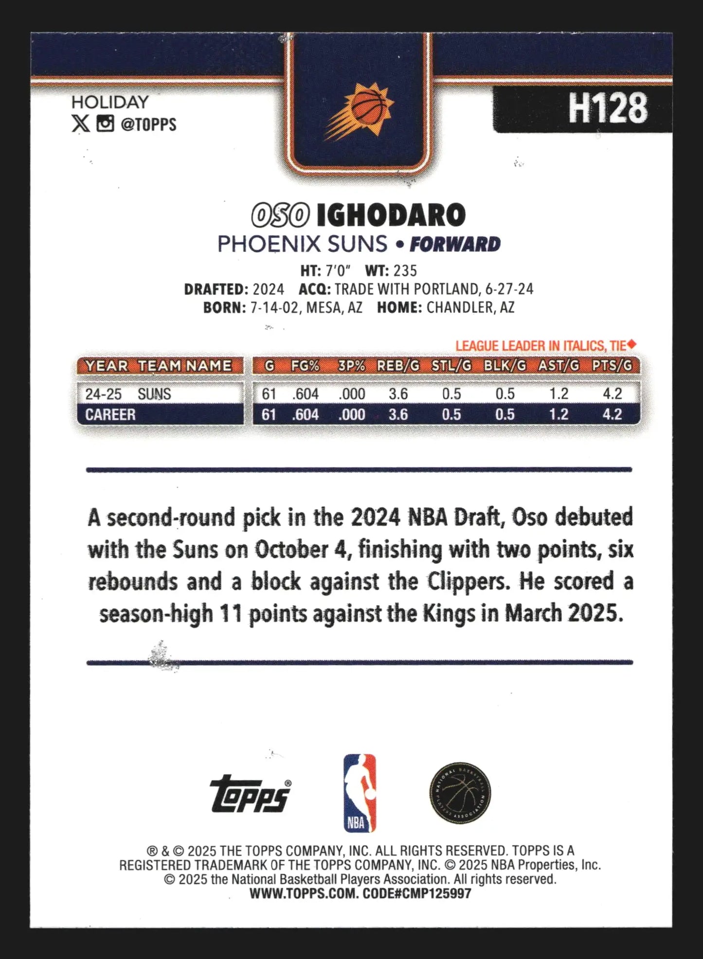 2025-26 Topps Holiday Oso Ighodaro #H128 Phoenix Suns - Basketball Card Single