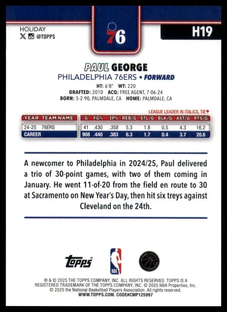2025-26 Topps Holiday Paul George #H19 Philadelphia 76ers Basketball Card NBA - Basketball Card Single