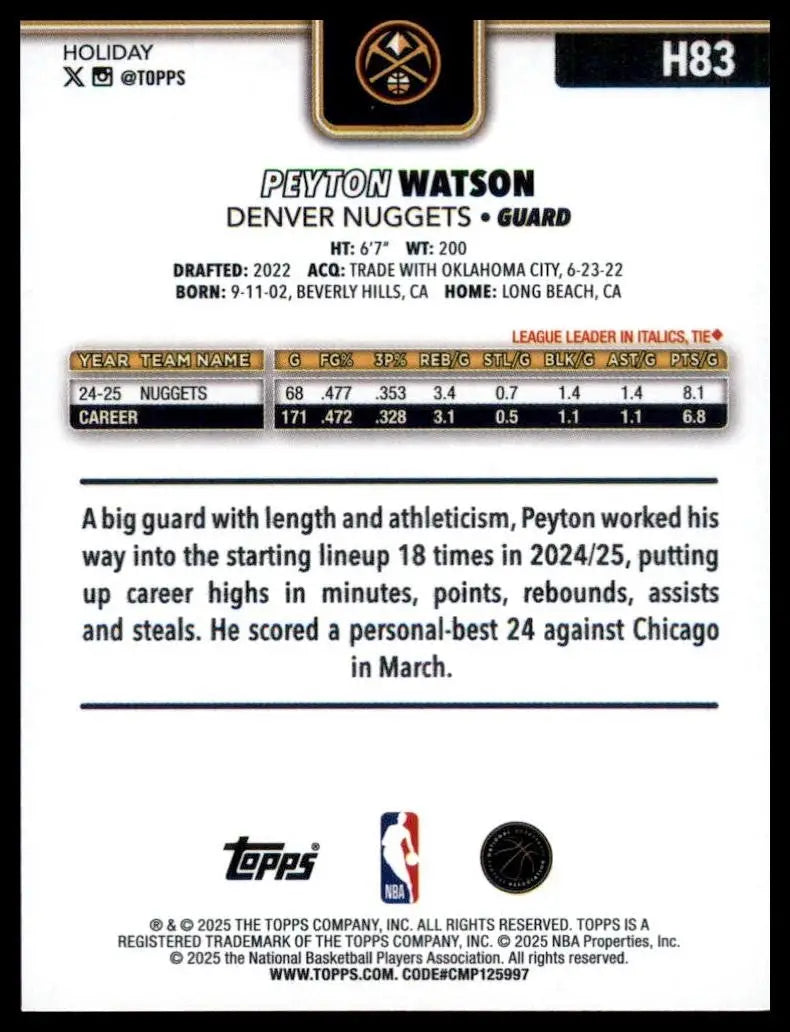 2025-26 Topps Holiday Peyton Watson #H83 Denver Nuggets Basketball Card NBA - Basketball Card Single