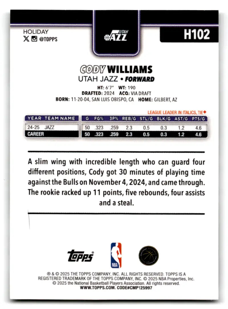 2025-26 Topps Holiday Plaid #H102 Cody Williams NM-MT Jazz ID:79949 - Basketball Card Single