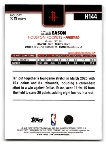 2025-26 Topps Holiday Plaid #H144 Tari Eason NM-MT Rockets ID:80369 - Basketball Card Single