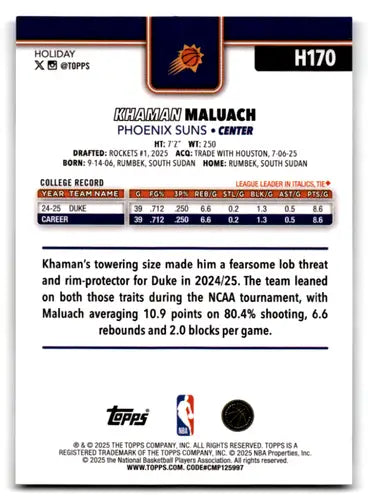 2025-26 Topps Holiday Plaid #H170 Khaman Maluach NM-MT RC Rookie Suns ID:80192 - Basketball Card Single