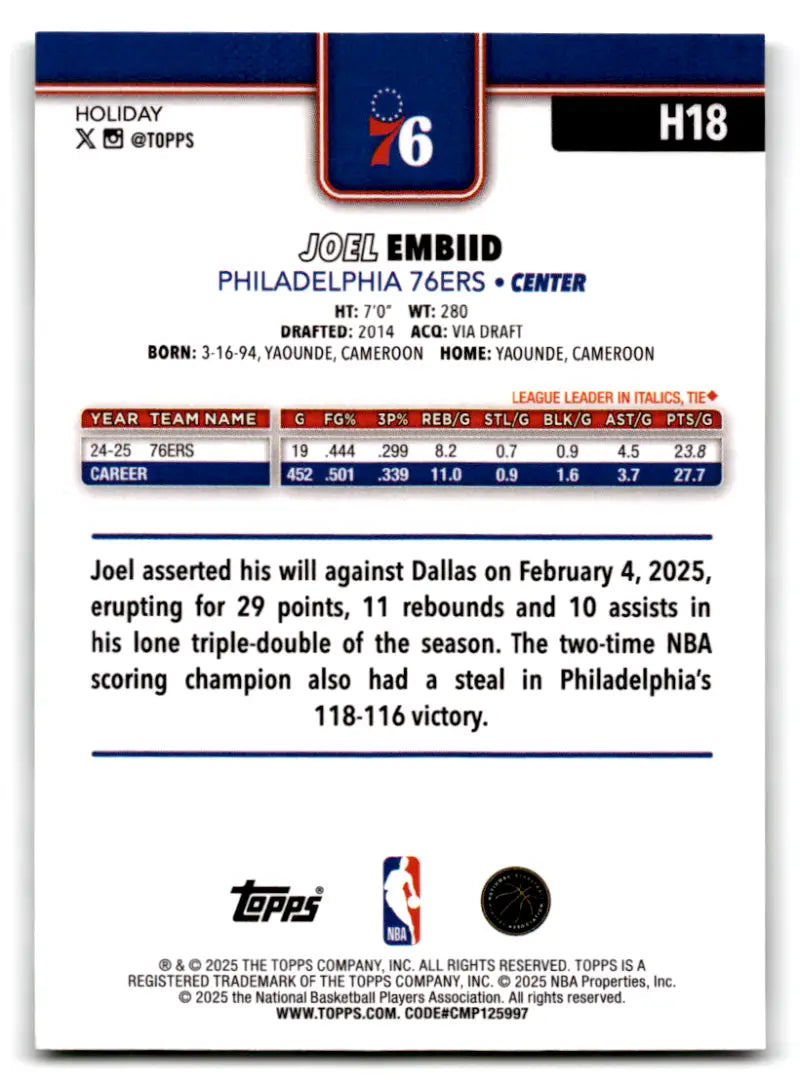 2025-26 Topps Holiday Plaid #H18 Joel Embiid NM-MT 76ers ID:79902 - Basketball Card Single