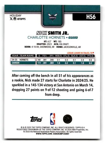 2025-26 Topps Holiday Plaid #H56 Nick Smith Jr. NM-MT Hornets ID:80366 - Basketball Card Single