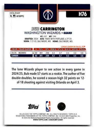 2025-26 Topps Holiday Plaid #H76 Bub Carrington NM-MT Wizards ID:80367 - Basketball Card Single