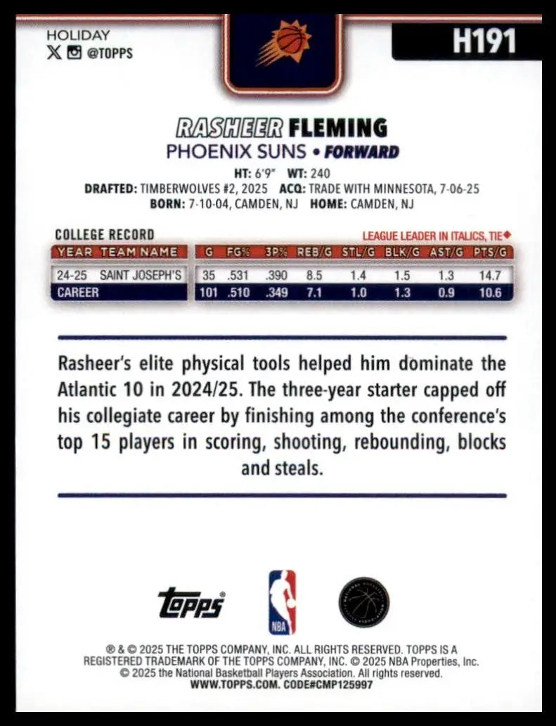 2025-26 Topps Holiday Rasheer Fleming Rookie #H191 Phoenix Suns Basketball Card - Basketball Card Single