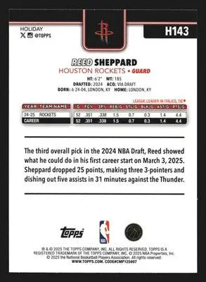 2025-26 Topps Holiday Reed Sheppard #H143 Houston Rockets - Basketball Card Single