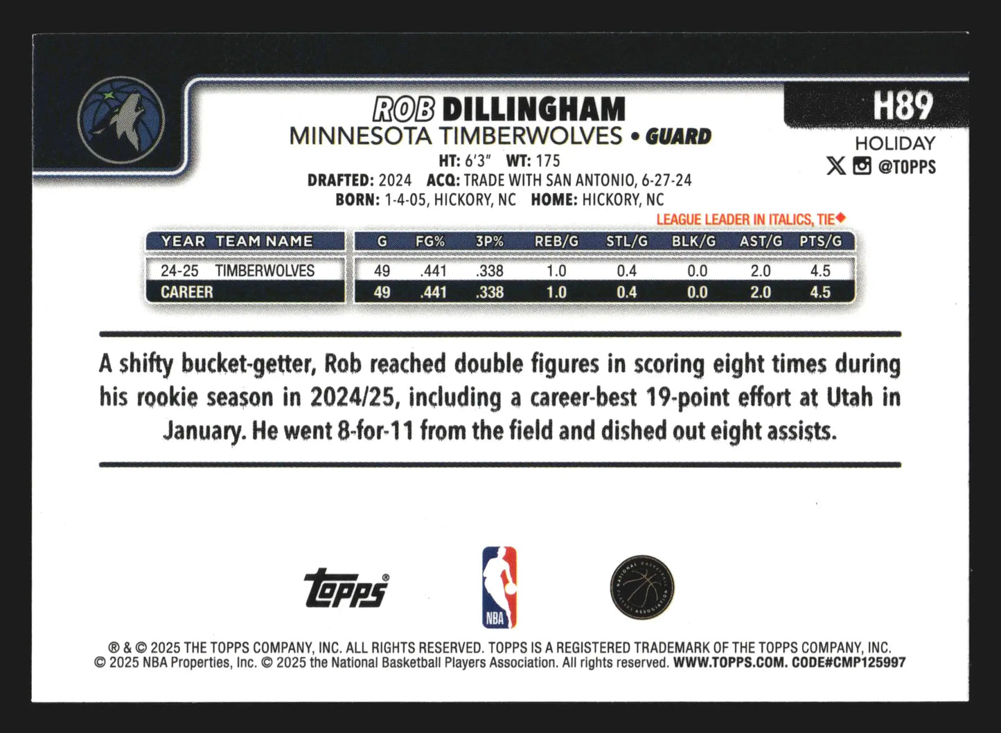 2025-26 Topps Holiday Rob Dillingham #H89 Minnesota Timberwolves - Basketball Card Single