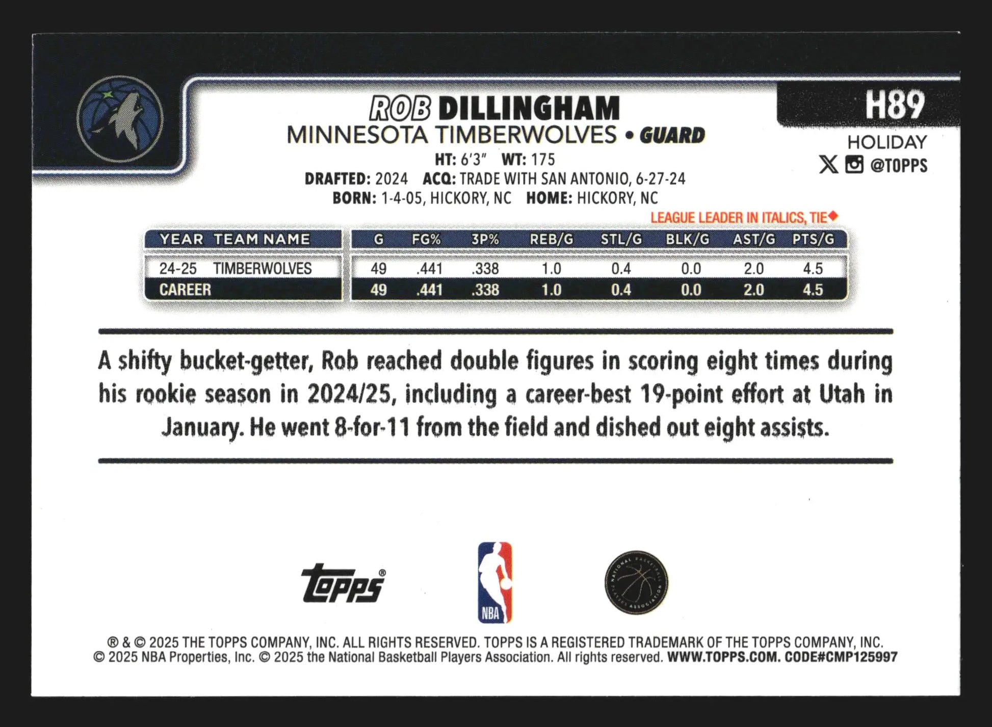 2025-26 Topps Holiday Rob Dillingham #H89 Minnesota Timberwolves - Basketball Card Single