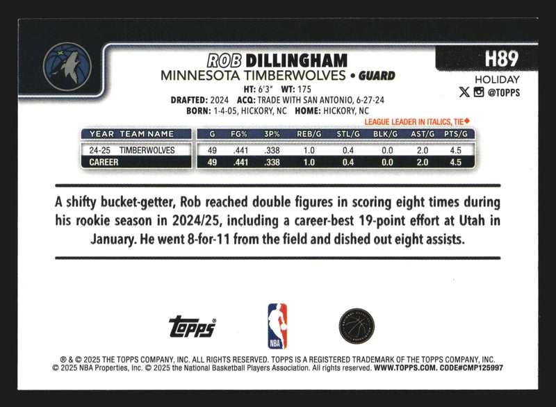 2025-26 Topps Holiday Rob Dillingham #H89 Minnesota Timberwolves - Basketball Card Single