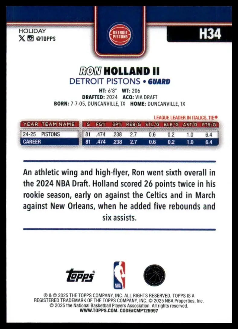 2025-26 Topps Holiday Ron Holland II #H34 Detroit Pistons Basketball Card NBA