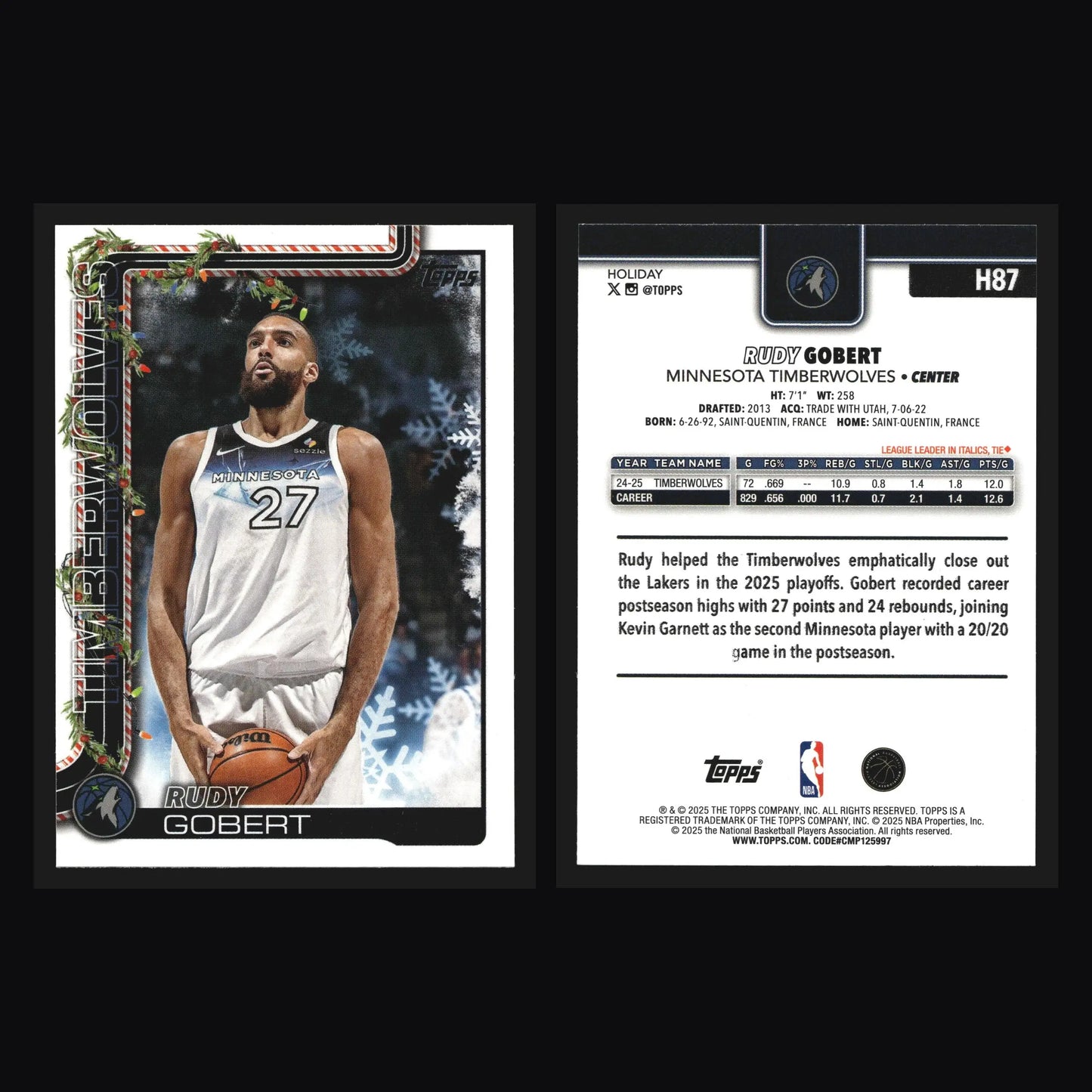2025-26 Topps Holiday Rudy Gobert #H87 Minnesota Timberwolves - Basketball Card Single