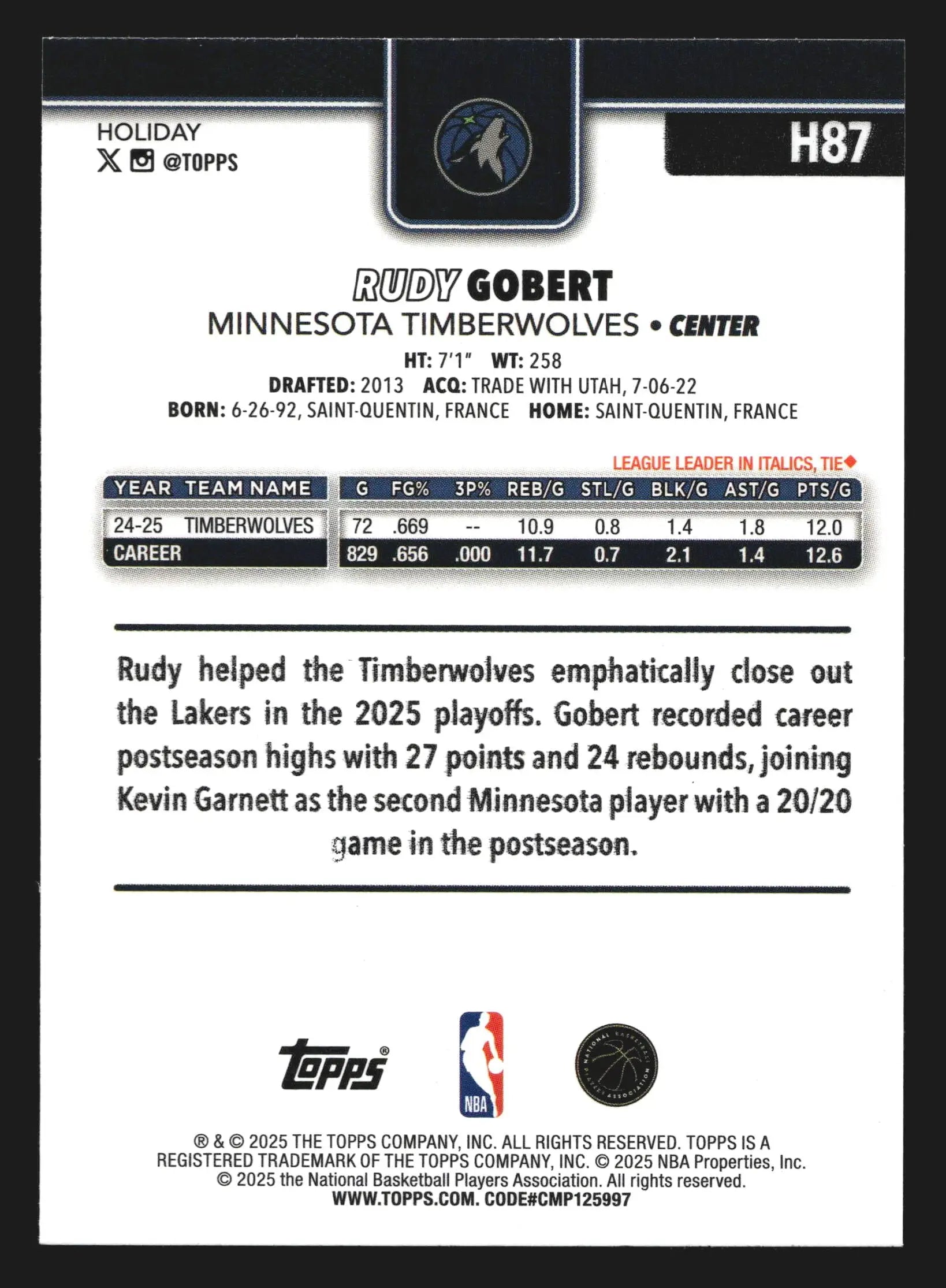 2025-26 Topps Holiday Rudy Gobert #H87 Minnesota Timberwolves - Basketball Card Single