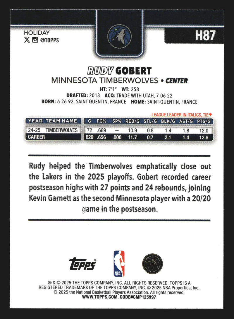 2025-26 Topps Holiday Rudy Gobert #H87 Minnesota Timberwolves - Basketball Card Single