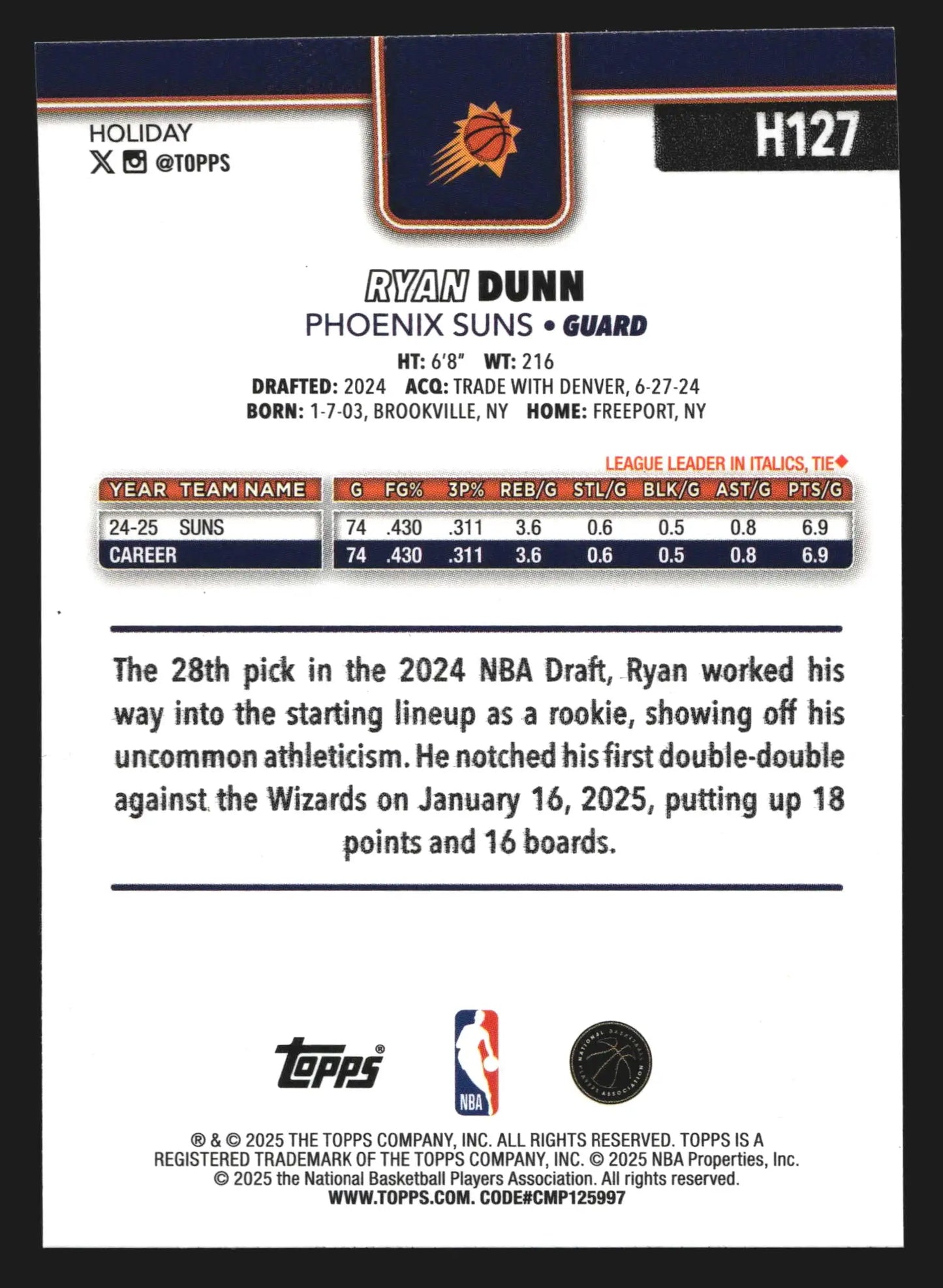 2025-26 Topps Holiday Ryan Dunn #H127 Phoenix Suns - Basketball Card Single