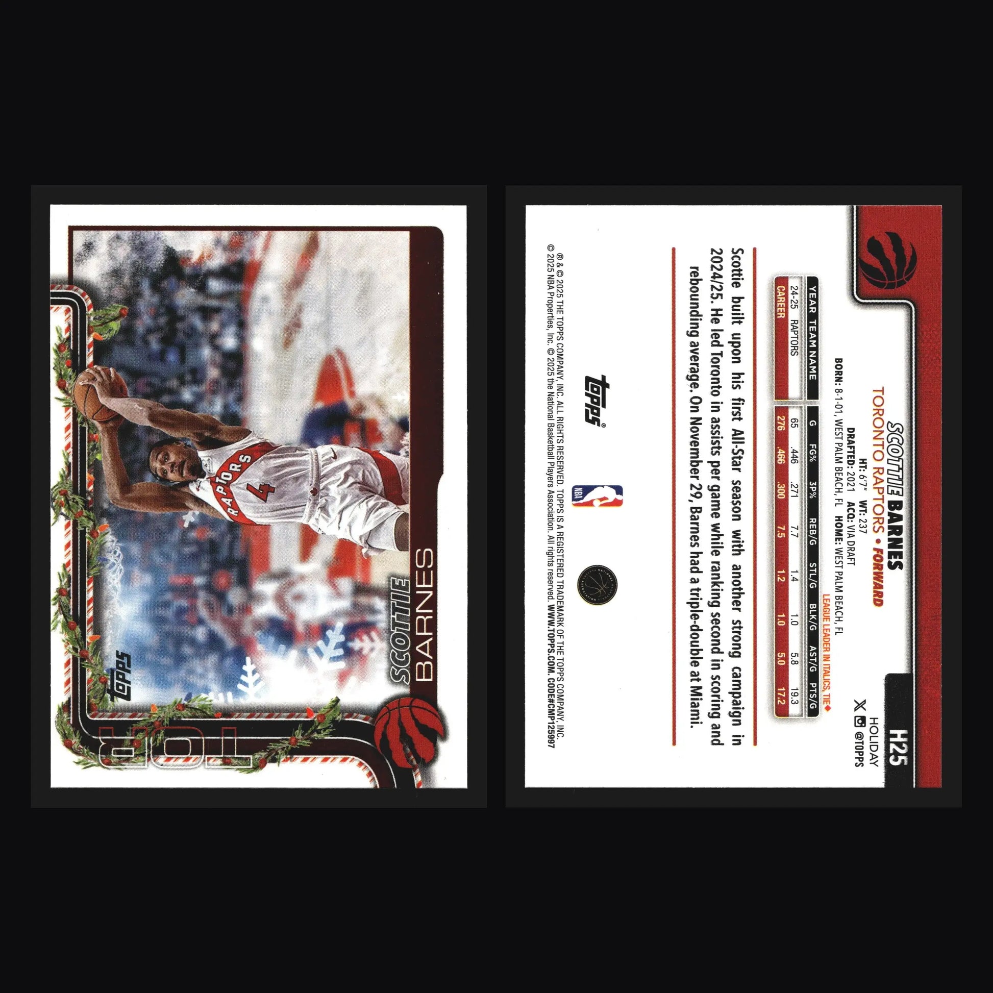 2025-26 Topps Holiday Scottie Barnes #H25 Toronto Raptors