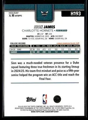2025-26 Topps Holiday Sion James #H193 Base RC Charlotte Hornets - Basketball Card Single