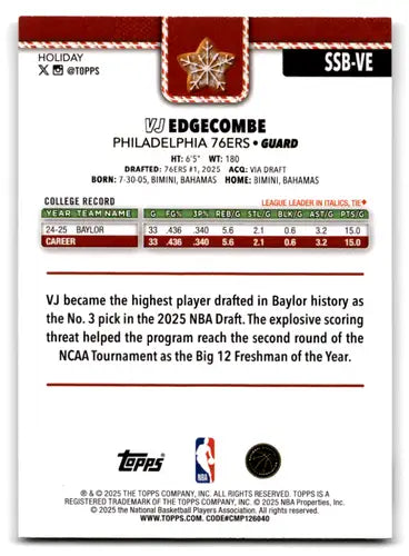 2025-26 Topps Holiday SSP Back Variations #SSB-VE VJ Edgecombe NM-MT 76 ID:80883 - Basketball Card Single