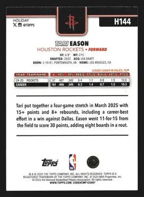 2025-26 Topps Holiday Tari Eason #H144 Houston Rockets - Basketball Card Single