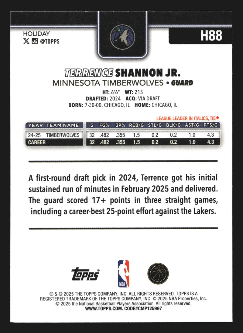 2025-26 Topps Holiday Terrence Shannon Jr. #H88 Timberwolves - Basketball Card Single
