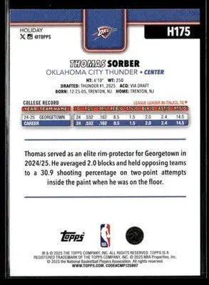 2025-26 Topps Holiday Thomas Sorber #H175 RC Oklahoma City Thunder - Basketball Card Single