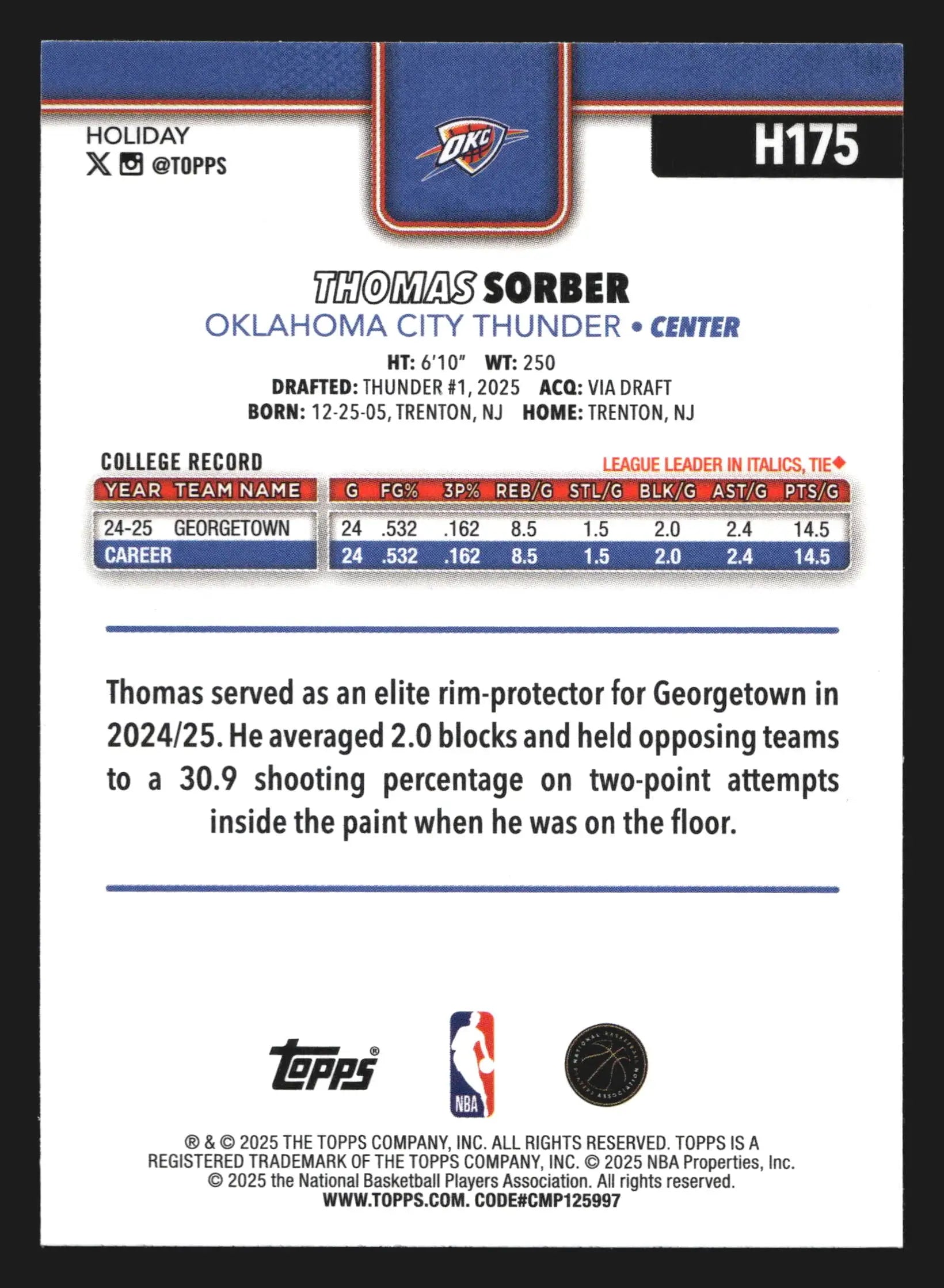 2025-26 Topps Holiday Thomas Sorber #H175 Thunder RC - Basketball Card Single