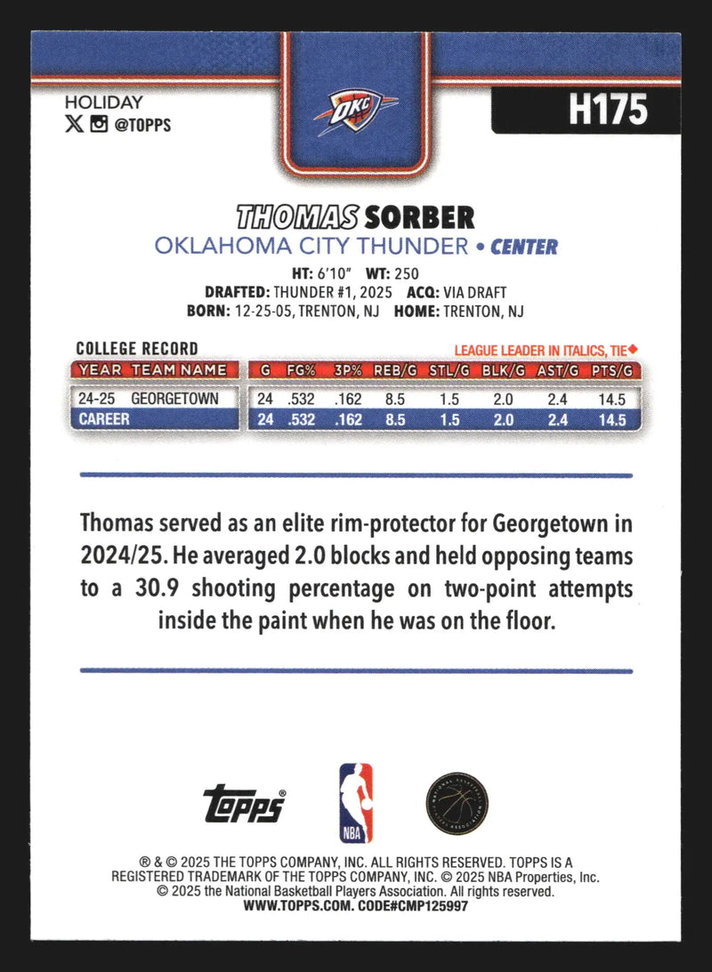 2025-26 Topps Holiday Thomas Sorber #H175 Thunder RC - Basketball Card Single
