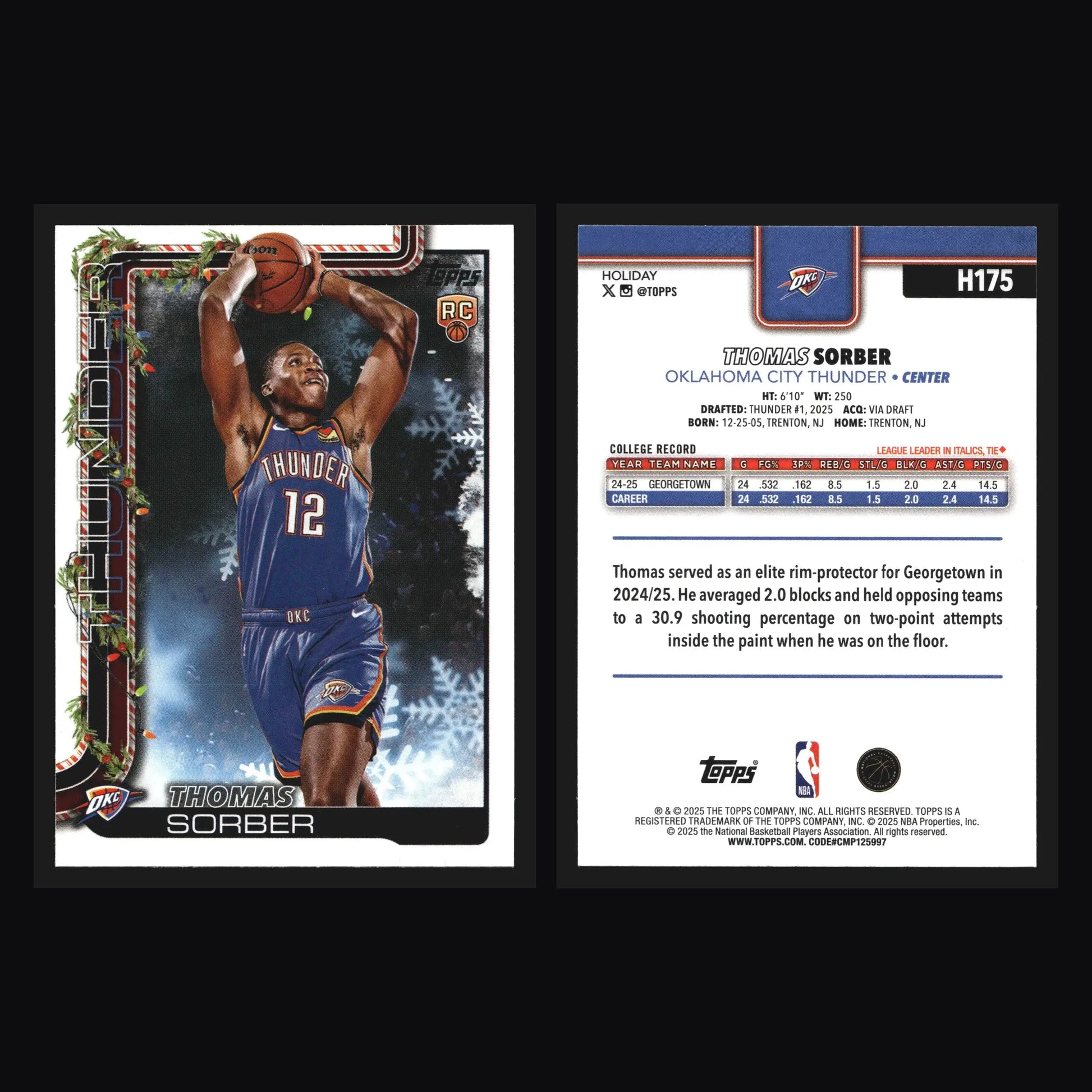 2025-26 Topps Holiday Thomas Sorber #H175 Thunder RC - Basketball Card Single
