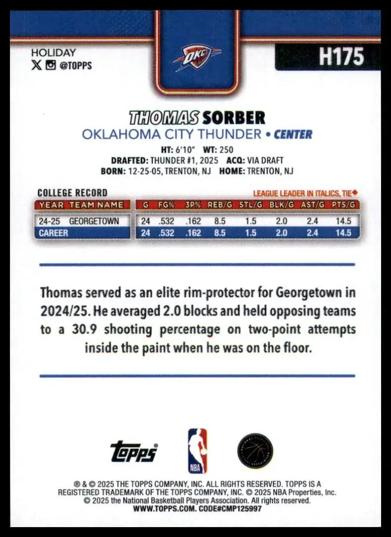 2025-26 Topps Holiday Thomas Sorber Rookie #H175 Oklahoma City Thunder Card NBA - Basketball Card Single