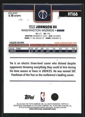 2025-26 Topps Holiday Tre Johnson III #H166 Silver Glitter RC - Basketball Card Single