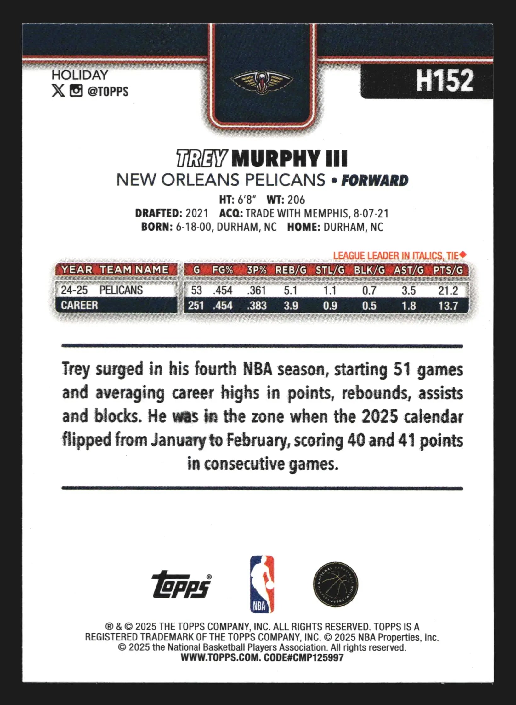 2025-26 Topps Holiday Trey Murphy III #H152 New Orleans Pelicans