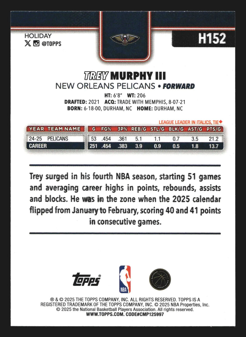 2025-26 Topps Holiday Trey Murphy III #H152 New Orleans Pelicans